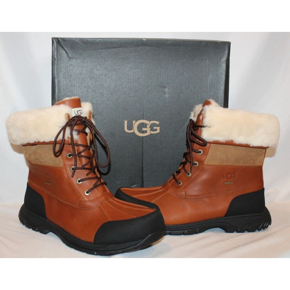 NIB UGG MEN'S BUTTE LOGO LEATHER‎ SHEARLING LINED WINTER SNOW BOOTS WRCH
